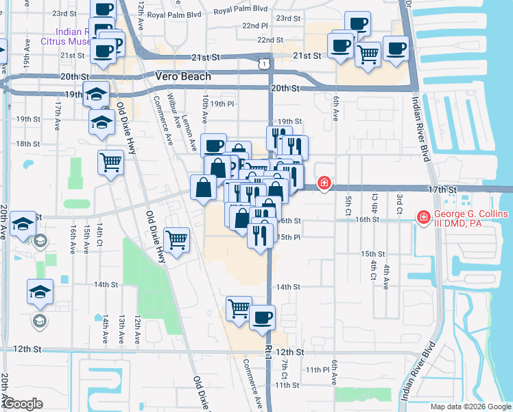 map of restaurants, bars, coffee shops, grocery stores, and more near 825 16th Place in Vero Beach