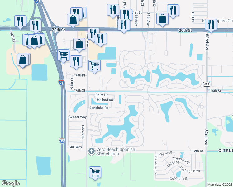 map of restaurants, bars, coffee shops, grocery stores, and more near 259 Palm Drive in Vero Beach