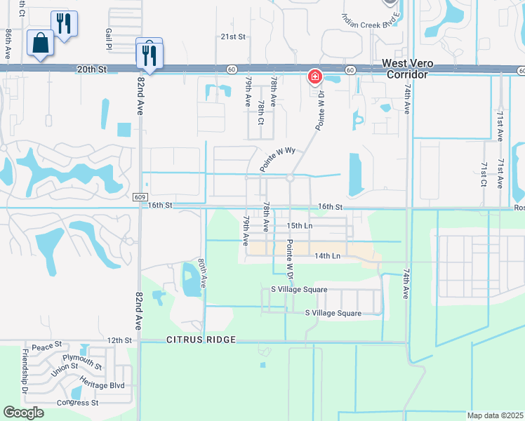 map of restaurants, bars, coffee shops, grocery stores, and more near 1599 78th Avenue in Vero Beach