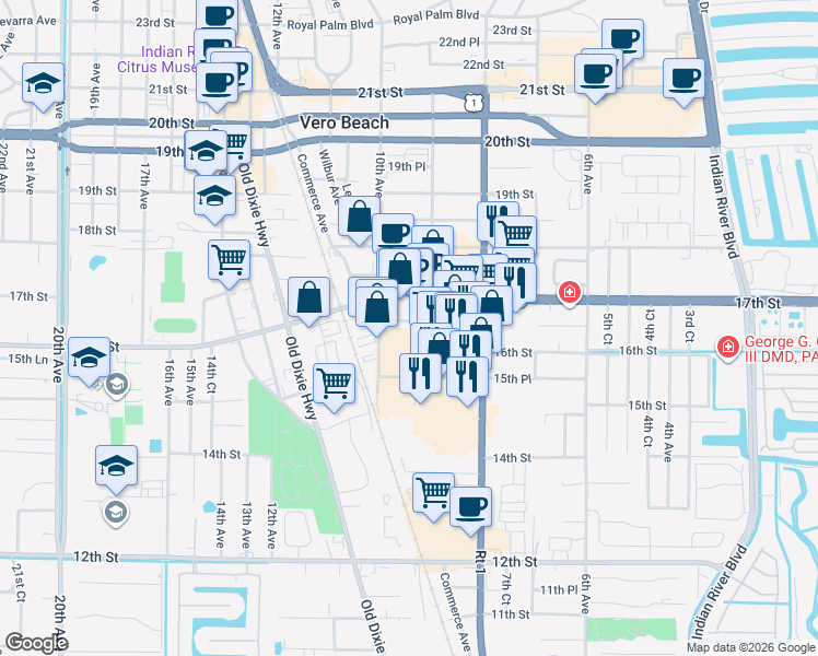 map of restaurants, bars, coffee shops, grocery stores, and more near 935 16th Place in Vero Beach