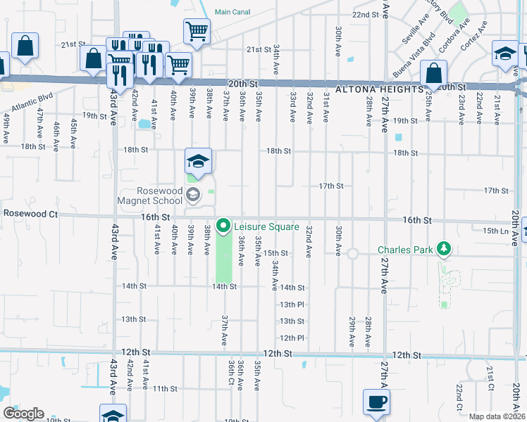 map of restaurants, bars, coffee shops, grocery stores, and more near 1606 35th Avenue in Vero Beach