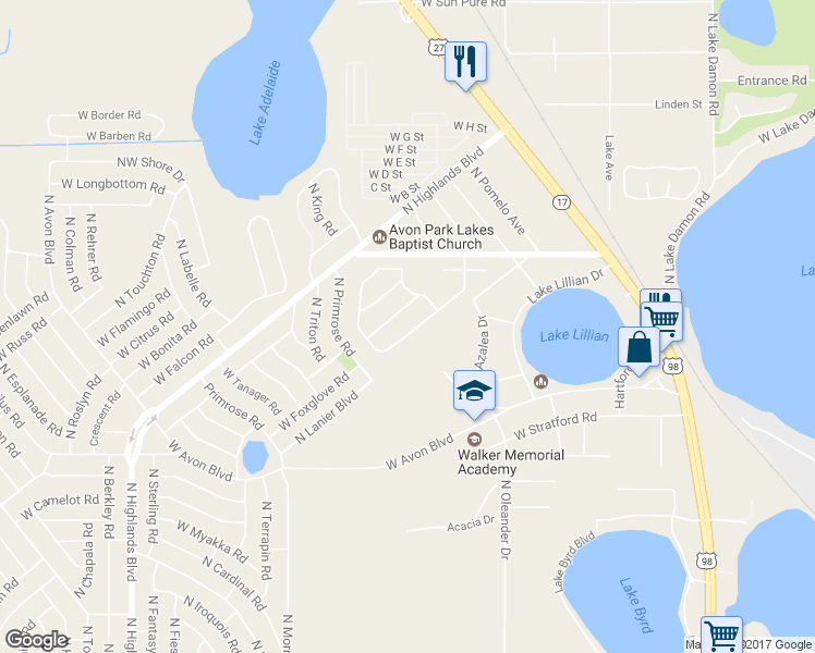 map of restaurants, bars, coffee shops, grocery stores, and more near 2519 North Orangewood Street in Avon Park