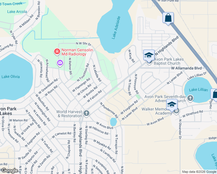 map of restaurants, bars, coffee shops, grocery stores, and more near 2601-2615 North Highlands Boulevard in Avon Park