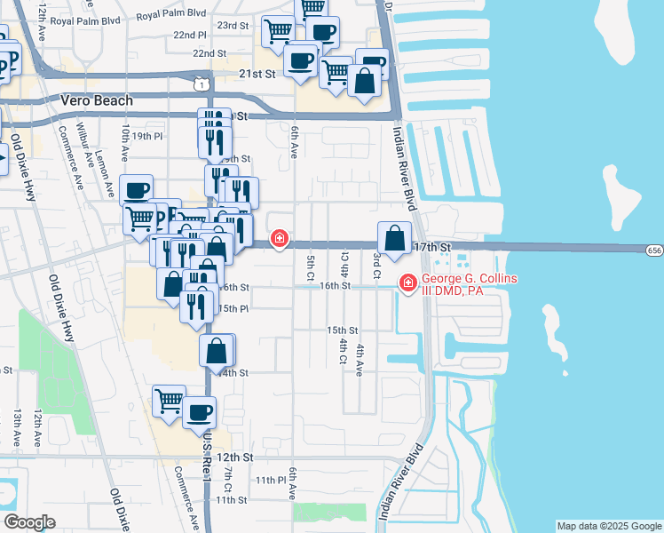 map of restaurants, bars, coffee shops, grocery stores, and more near 1651 5th Avenue in Vero Beach