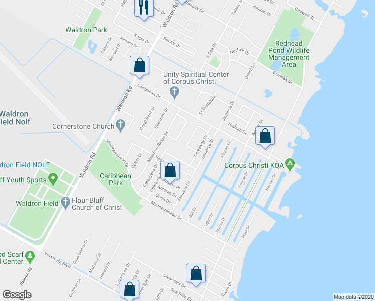 map of restaurants, bars, coffee shops, grocery stores, and more near 413 Mill Brook Drive in Corpus Christi