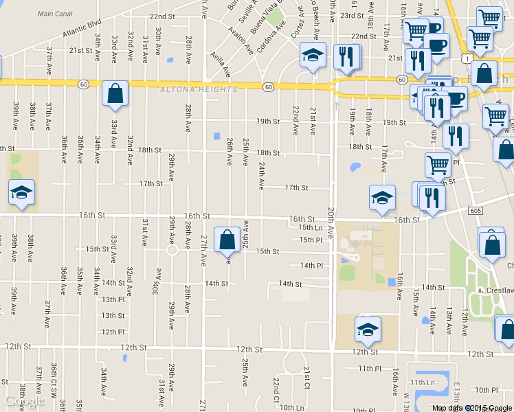 map of restaurants, bars, coffee shops, grocery stores, and more near 1615 24th Avenue in Vero Beach