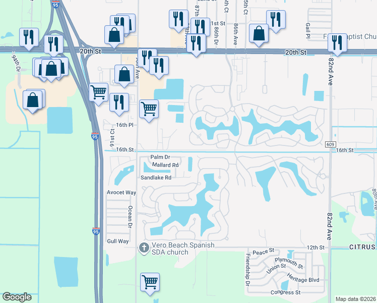map of restaurants, bars, coffee shops, grocery stores, and more near 1455 90th Avenue in Vero Beach