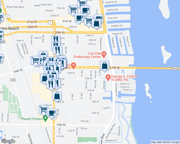 map of restaurants, bars, coffee shops, grocery stores, and more near 1671 4th Court in Vero Beach