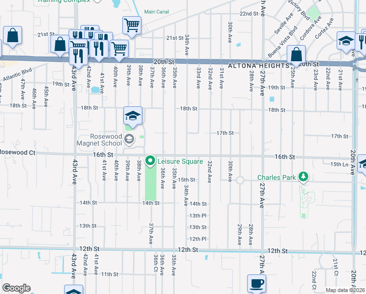 map of restaurants, bars, coffee shops, grocery stores, and more near 1606 35th Avenue in Vero Beach