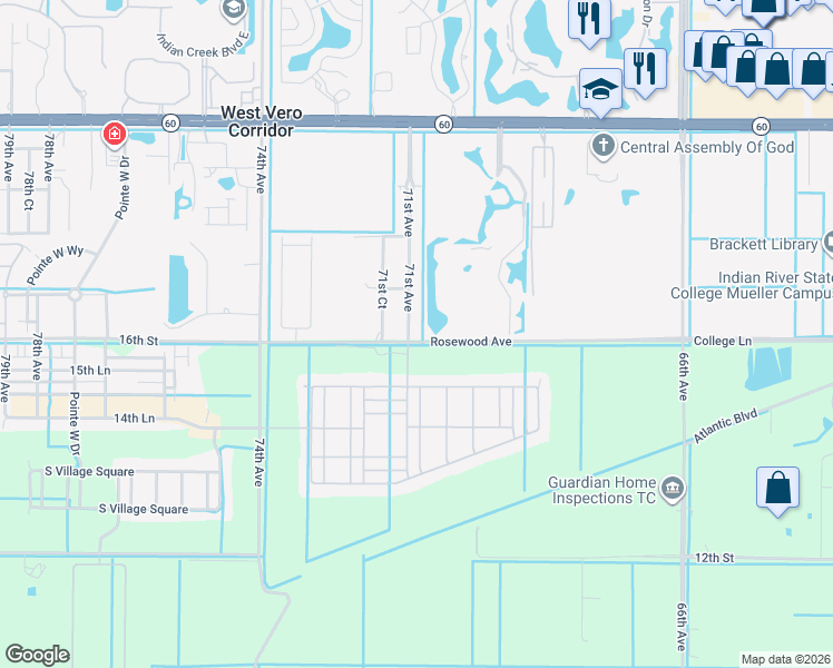map of restaurants, bars, coffee shops, grocery stores, and more near 1606 71st Avenue in Vero Beach