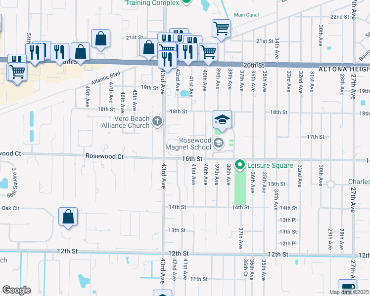 map of restaurants, bars, coffee shops, grocery stores, and more near 1610 42nd Square in Vero Beach