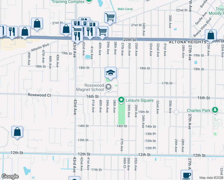 map of restaurants, bars, coffee shops, grocery stores, and more near 3850 16th Street in Vero Beach