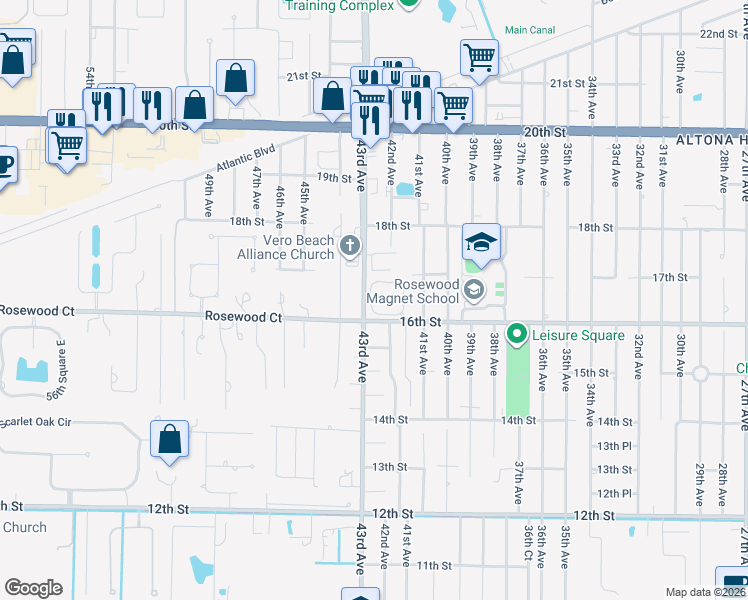 map of restaurants, bars, coffee shops, grocery stores, and more near 1735 42nd Square in Vero Beach