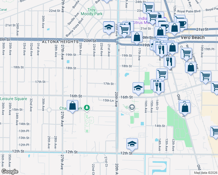 map of restaurants, bars, coffee shops, grocery stores, and more near 2146 16th Street in Vero Beach