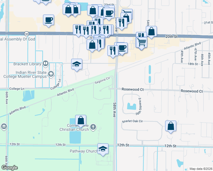 map of restaurants, bars, coffee shops, grocery stores, and more near 1506 Segovia Circle in Vero Beach