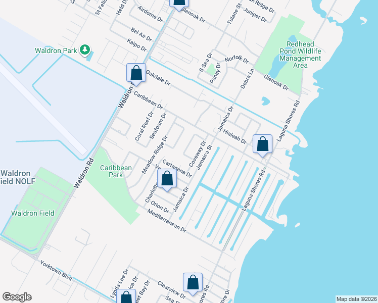 map of restaurants, bars, coffee shops, grocery stores, and more near 413 Mill Brook Drive in Corpus Christi