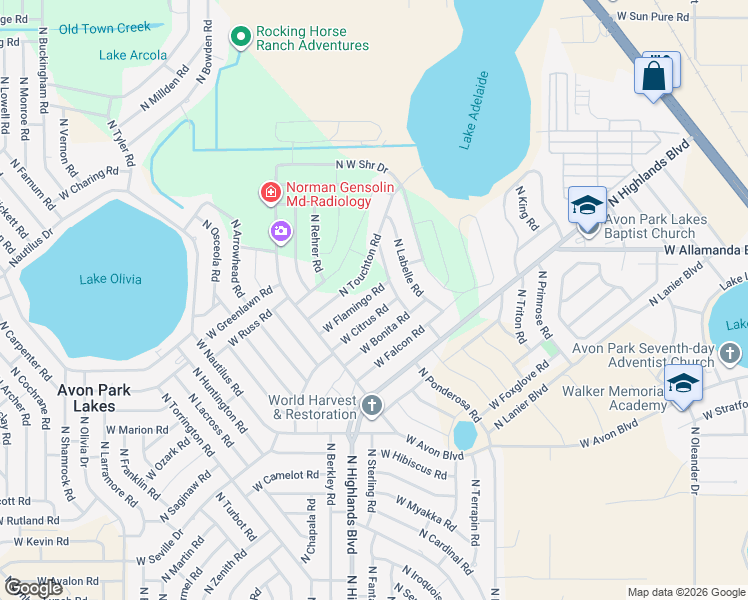 map of restaurants, bars, coffee shops, grocery stores, and more near 2190 West Citrus Road in Avon Park