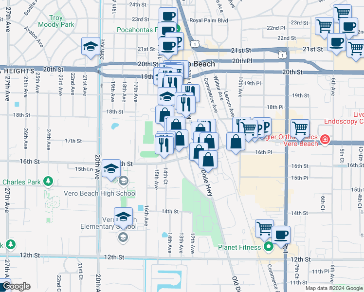 map of restaurants, bars, coffee shops, grocery stores, and more near 1401 16th Street in Vero Beach