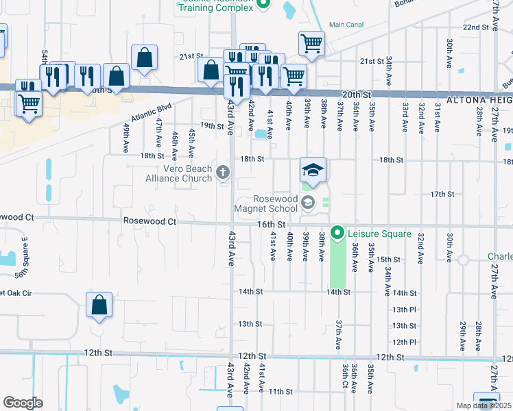 map of restaurants, bars, coffee shops, grocery stores, and more near 1610 42nd Square in Vero Beach