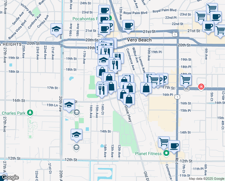 map of restaurants, bars, coffee shops, grocery stores, and more near 1401 16th Street in Vero Beach