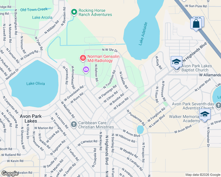 map of restaurants, bars, coffee shops, grocery stores, and more near 2493 N Touchton Rd in Avon Park