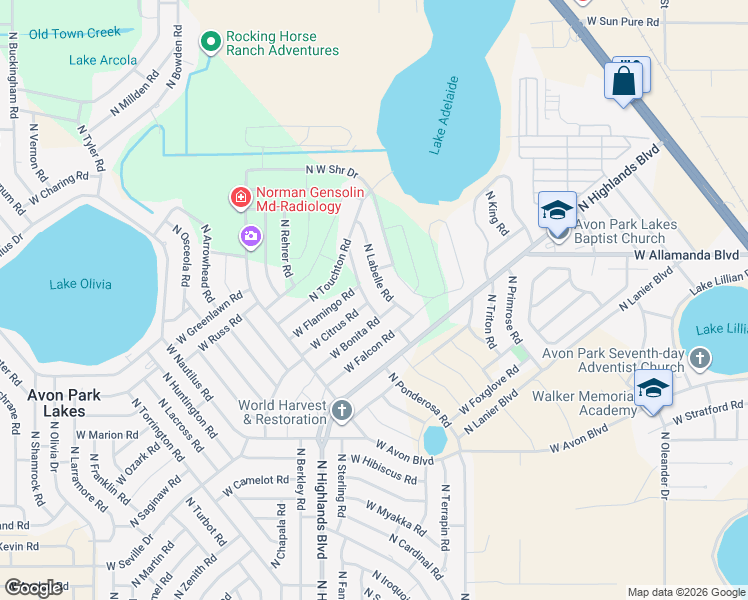 map of restaurants, bars, coffee shops, grocery stores, and more near 2564 North Johnson Road in Avon Park