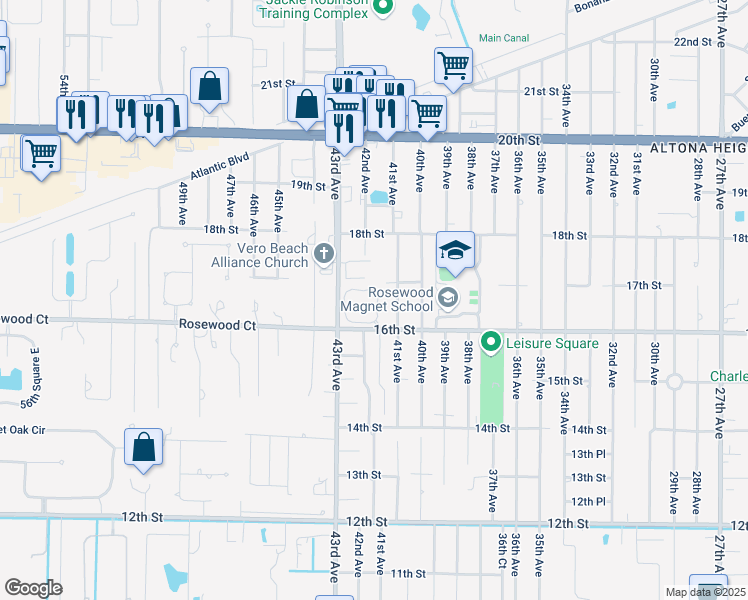 map of restaurants, bars, coffee shops, grocery stores, and more near 1650 42nd Square in Vero Beach