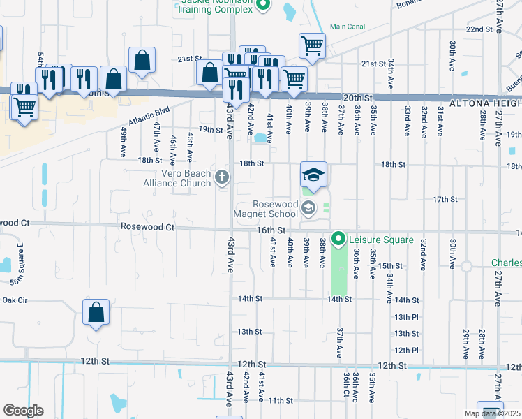 map of restaurants, bars, coffee shops, grocery stores, and more near 1650 42nd Square in Vero Beach