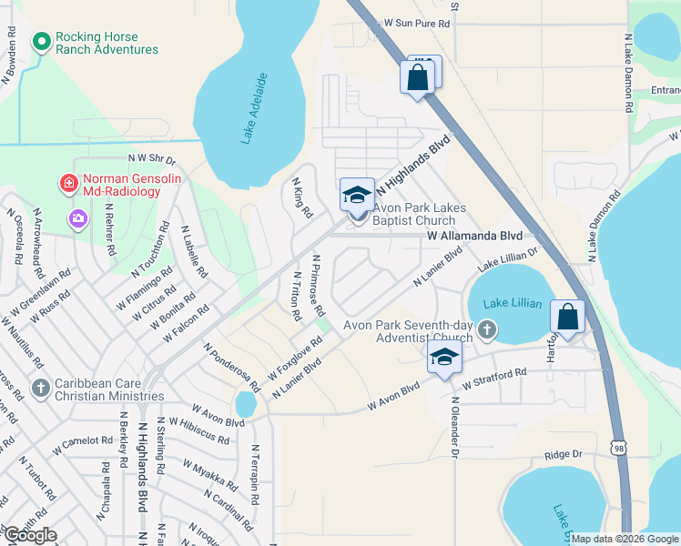 map of restaurants, bars, coffee shops, grocery stores, and more near 2453 North Orangewood Street in Avon Park