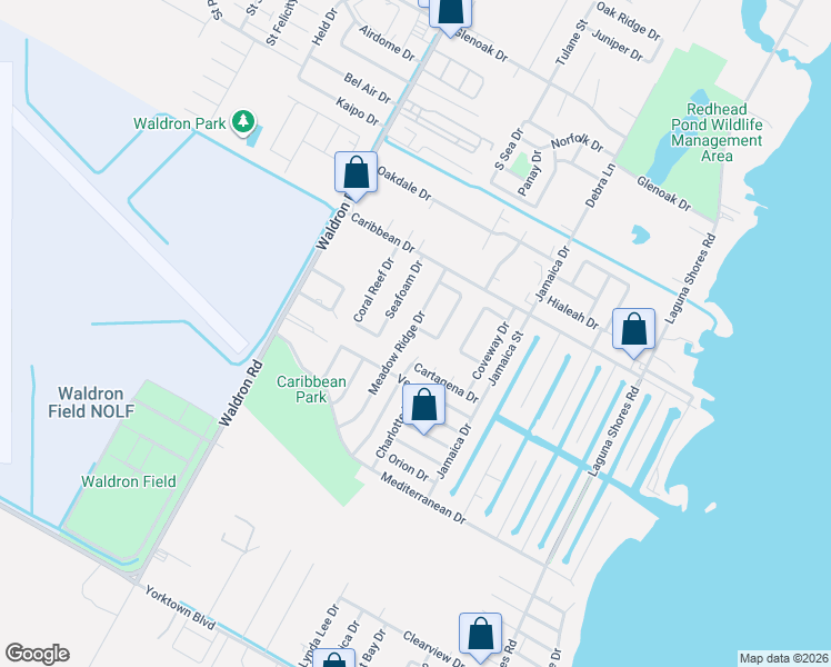 map of restaurants, bars, coffee shops, grocery stores, and more near 3133 Meadow Ridge Drive in Corpus Christi