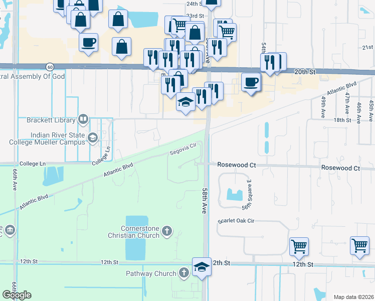 map of restaurants, bars, coffee shops, grocery stores, and more near 1662 Segovia Circle in Vero Beach