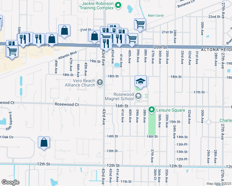 map of restaurants, bars, coffee shops, grocery stores, and more near 1650 42nd Square in Vero Beach