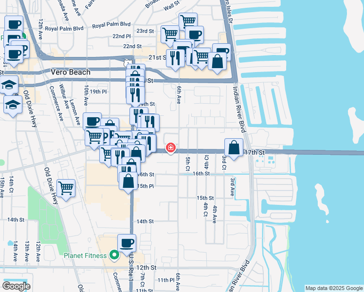 map of restaurants, bars, coffee shops, grocery stores, and more near 1710 6th Avenue in Vero Beach