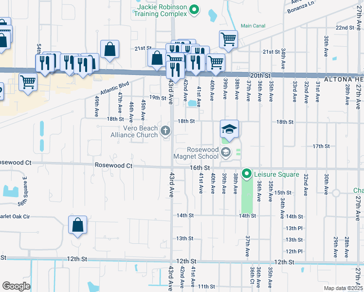 map of restaurants, bars, coffee shops, grocery stores, and more near 1700 42nd Square in Vero Beach