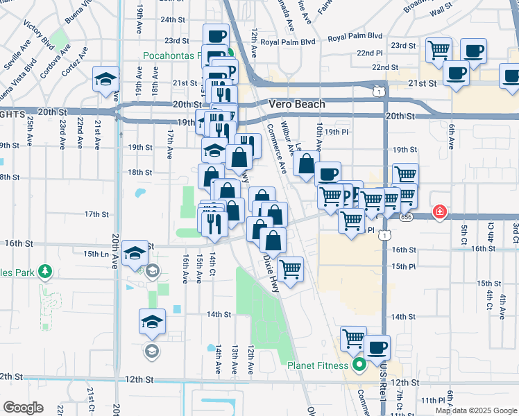 map of restaurants, bars, coffee shops, grocery stores, and more near 1680 Old Dixie Highway in Vero Beach