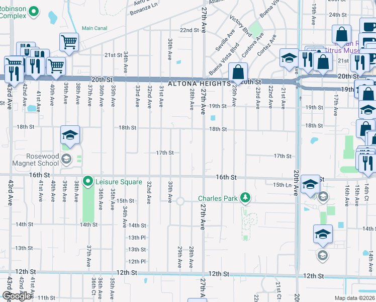 map of restaurants, bars, coffee shops, grocery stores, and more near 1705 28th Avenue in Vero Beach