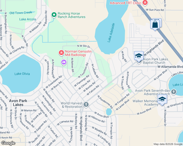 map of restaurants, bars, coffee shops, grocery stores, and more near 2564 North Johnson Road in Avon Park