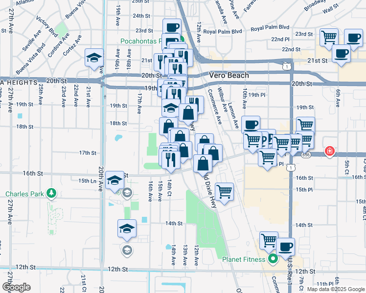 map of restaurants, bars, coffee shops, grocery stores, and more near 1705 Highland Avenue in Vero Beach