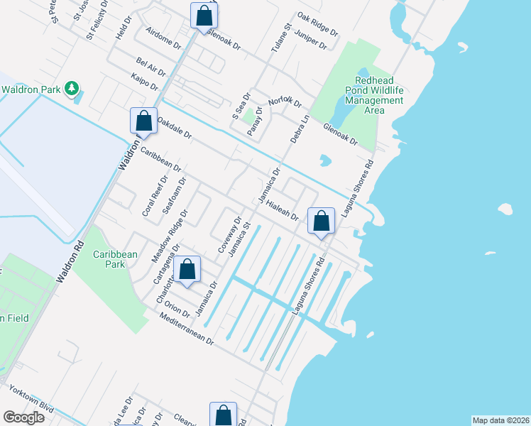 map of restaurants, bars, coffee shops, grocery stores, and more near 338 Caribbean Drive in Corpus Christi