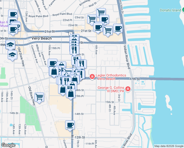 map of restaurants, bars, coffee shops, grocery stores, and more near 686 17th Street in Vero Beach