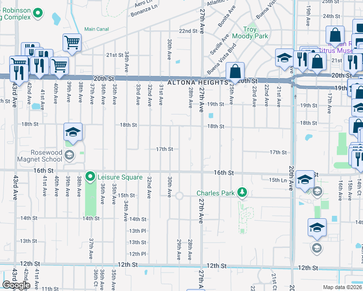 map of restaurants, bars, coffee shops, grocery stores, and more near 1705 28th Avenue in Vero Beach