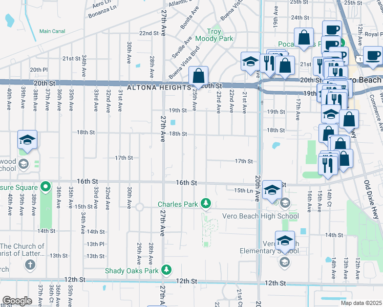 map of restaurants, bars, coffee shops, grocery stores, and more near 1709 25th Avenue in Vero Beach