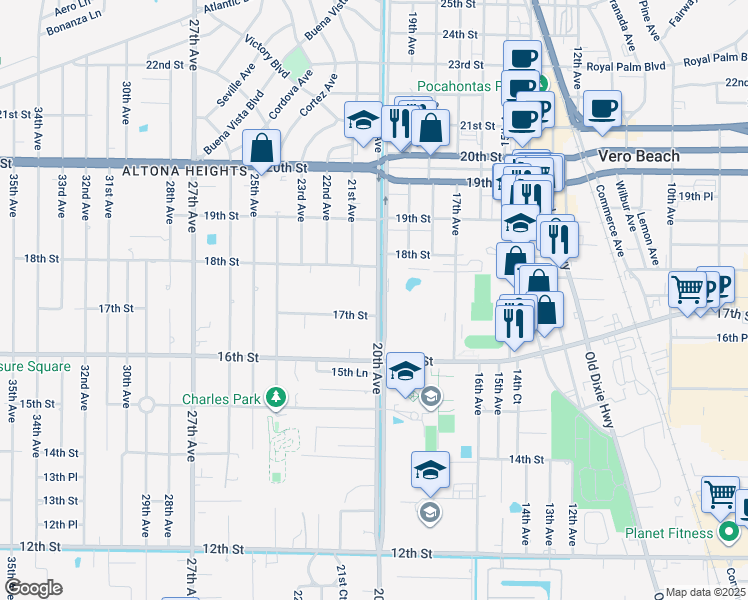 map of restaurants, bars, coffee shops, grocery stores, and more near 1717 20th Avenue in Vero Beach