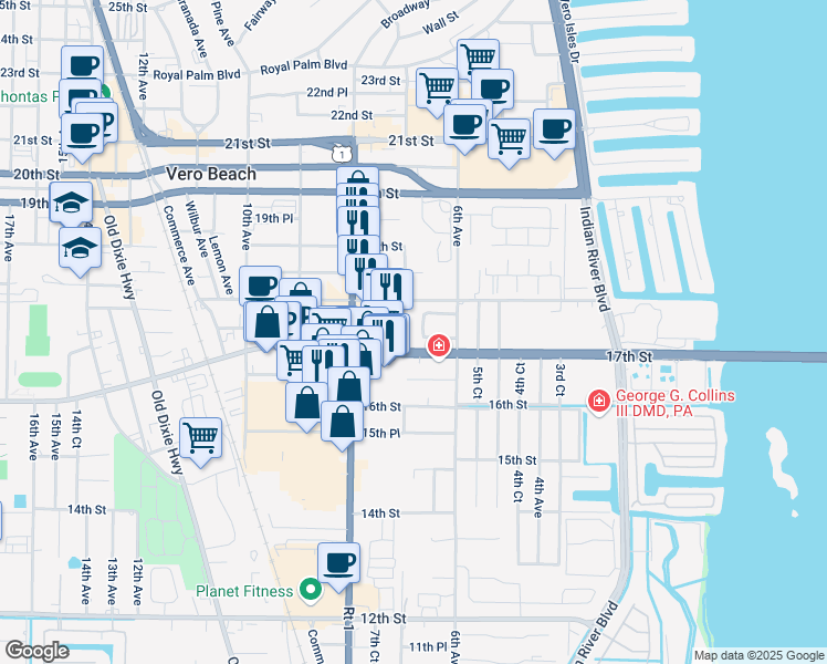 map of restaurants, bars, coffee shops, grocery stores, and more near 686 17th Street in Vero Beach