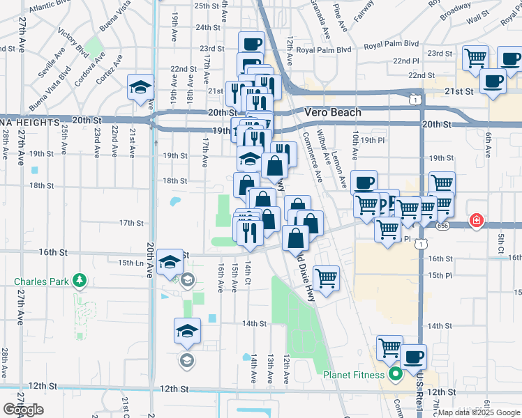 map of restaurants, bars, coffee shops, grocery stores, and more near 1705 Highland Avenue in Vero Beach