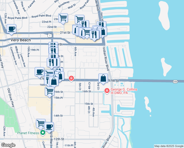 map of restaurants, bars, coffee shops, grocery stores, and more near 465 18th Street in Vero Beach