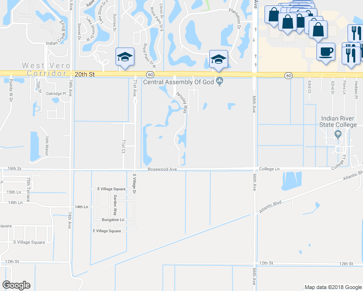 map of restaurants, bars, coffee shops, grocery stores, and more near 1670 Aynsley Way in Vero Beach
