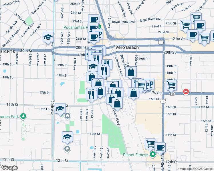 map of restaurants, bars, coffee shops, grocery stores, and more near 1680 Old Dixie Highway in Vero Beach