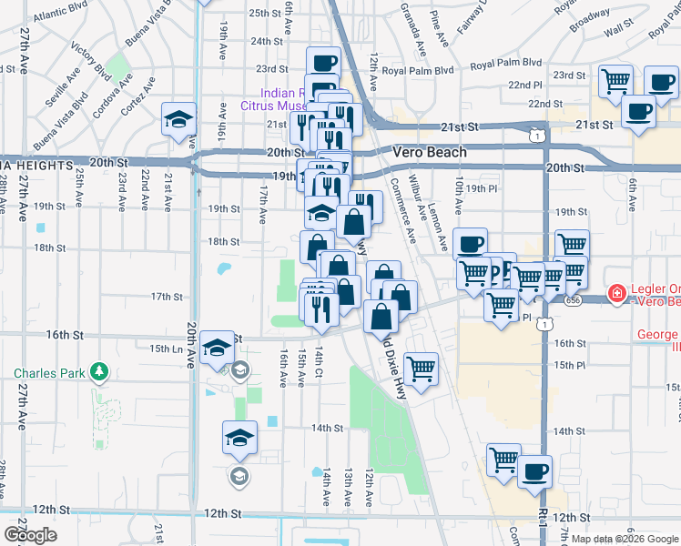 map of restaurants, bars, coffee shops, grocery stores, and more near 1705 Highland Avenue in Vero Beach