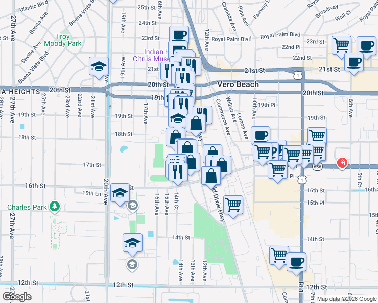 map of restaurants, bars, coffee shops, grocery stores, and more near 1705 Highland Avenue in Vero Beach